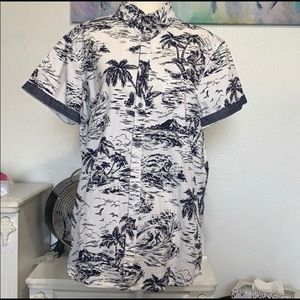 Navy Blue and White Hawaiian Button Up